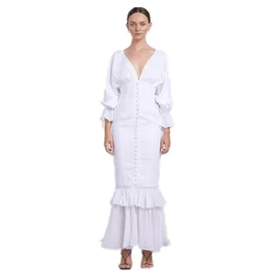 Custom Women Fall Cloths Fashion Long Sleeves Casual White Long Boho Linen Beach Wear Bohemian Girls Maxi Dress