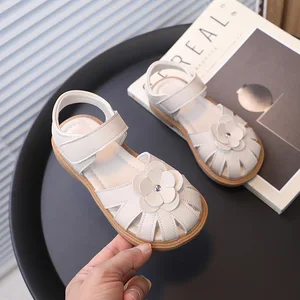 Flower Little Kid Sandals Girl's Shoes Princess Children's Sandals PU Solid Color Princess Flat Shoes Summer Sandals