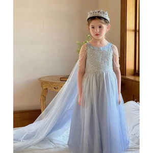 High Quality  Wholesale O-Neck Dress for Girl Kids  Light Blue Pearls Decorated With Cloaked Princess Party Dress