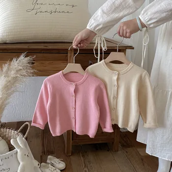 2025 Autumn and Spring New Korean Style Children's Long Sleeve Knitted Cardigan Jacket Girls' Sweater Sweet Baby Top