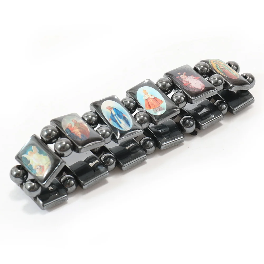 Magnetite Men Bracelet Dual Strand Religious Jewelry Holy Father Jesus Virgin Mary Gifts Catholic Healing Hematite Bracelet