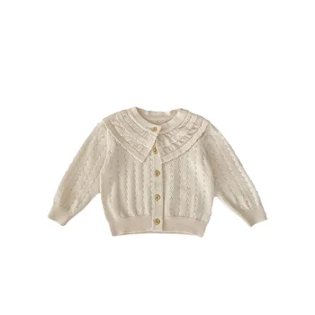 Sweet solid color cardigan shirt for air conditioned rooms long sleeve ruffled collar hollow knitted small coat