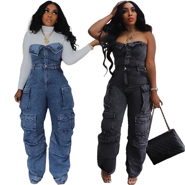 Sexy Y2K clothing women cargo jeans chic multi pockets strapless tube top denim jumpsuits streetwear