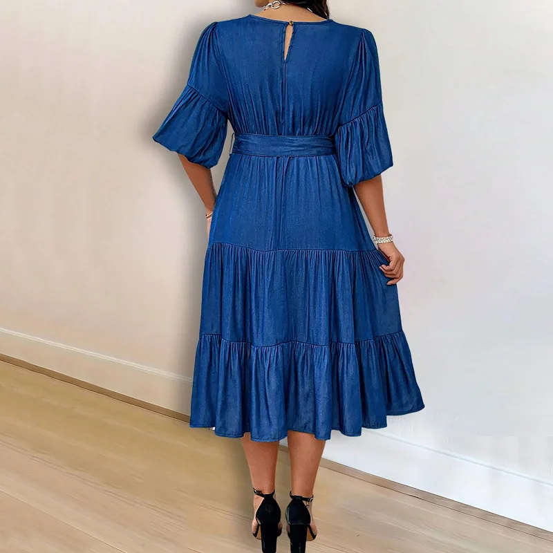 round neck pleated loose denim dress Women's Clothing 2025 Plus Size Women's Clothing Puff Sleeves Round Neck  Pleated Loose Denim Maxi Dress| Alibaba.com