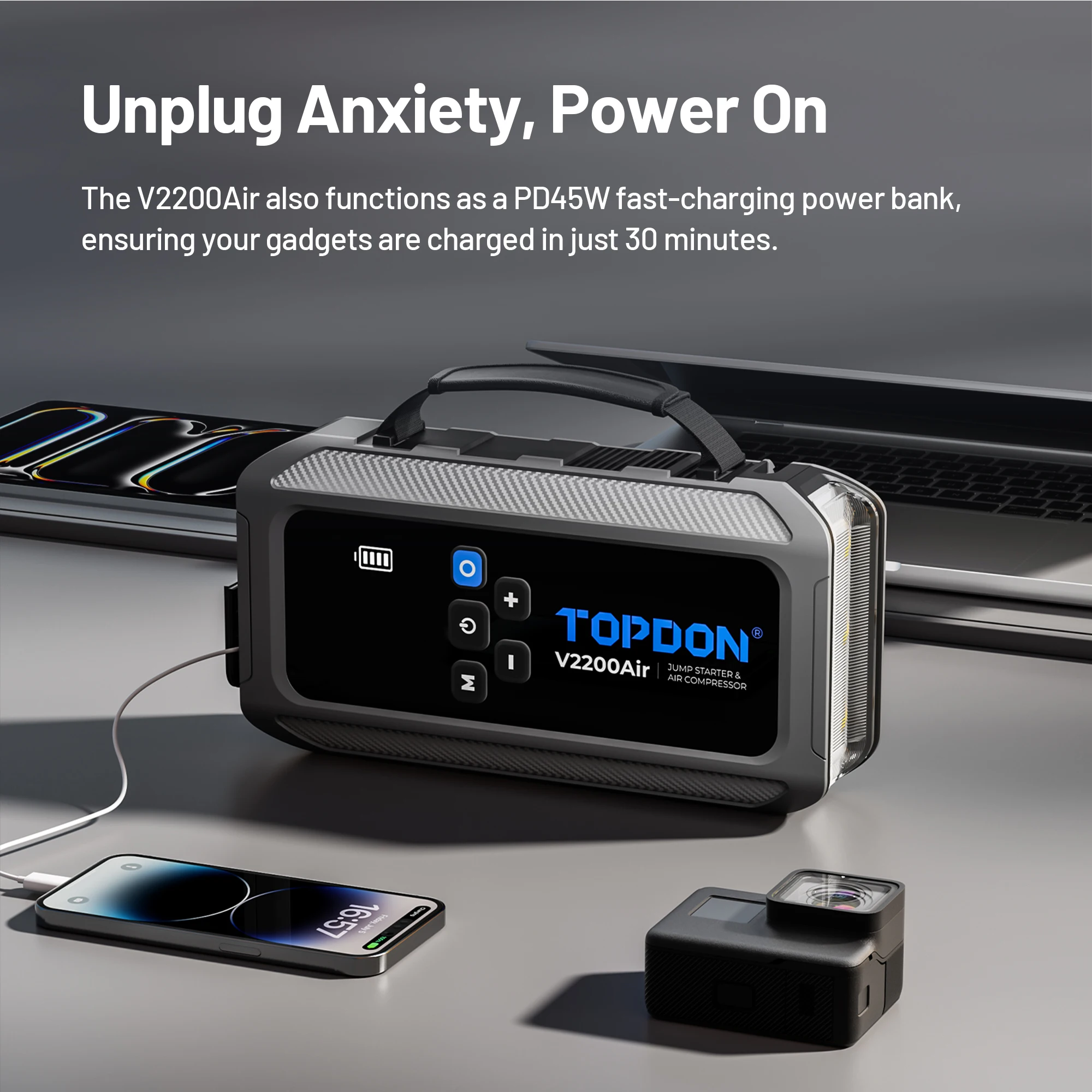 Topdon V2200 Air Multi Function Power Bank Portable Battery Booster Super Capacitor Jump Starter Powerbank with Air Pump for Car