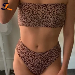 Custom New In Stock Sexy Leopard Two Piece Bikini Set Beachwear Bandeau Strapless Swimsuit Women High Cut Thong Swimwear