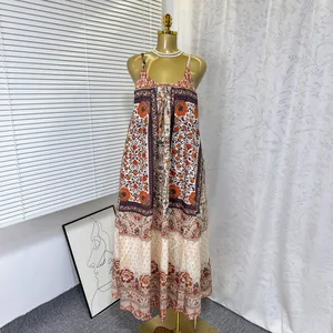 STOCK Print Sleeveless Women Dress Ties Shoulder Loose Maxi Dress Summer Beach Boho Dress ONE SIZE