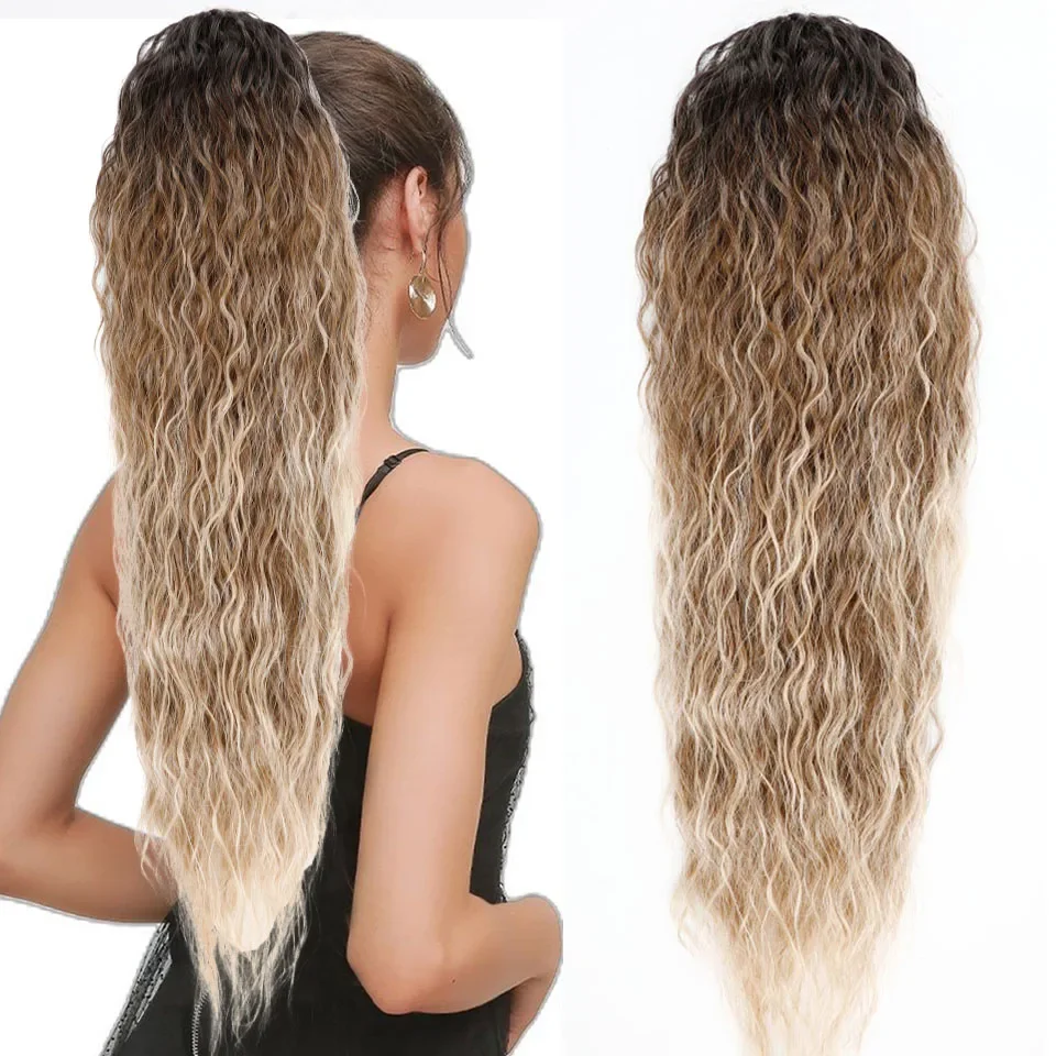 Water Wave Drawstring Ponytail Hair Extensions 170g 26in Curly Pony tail Natural Black Color 100 Brazilian Remy Human Hair 1B_voghion.com