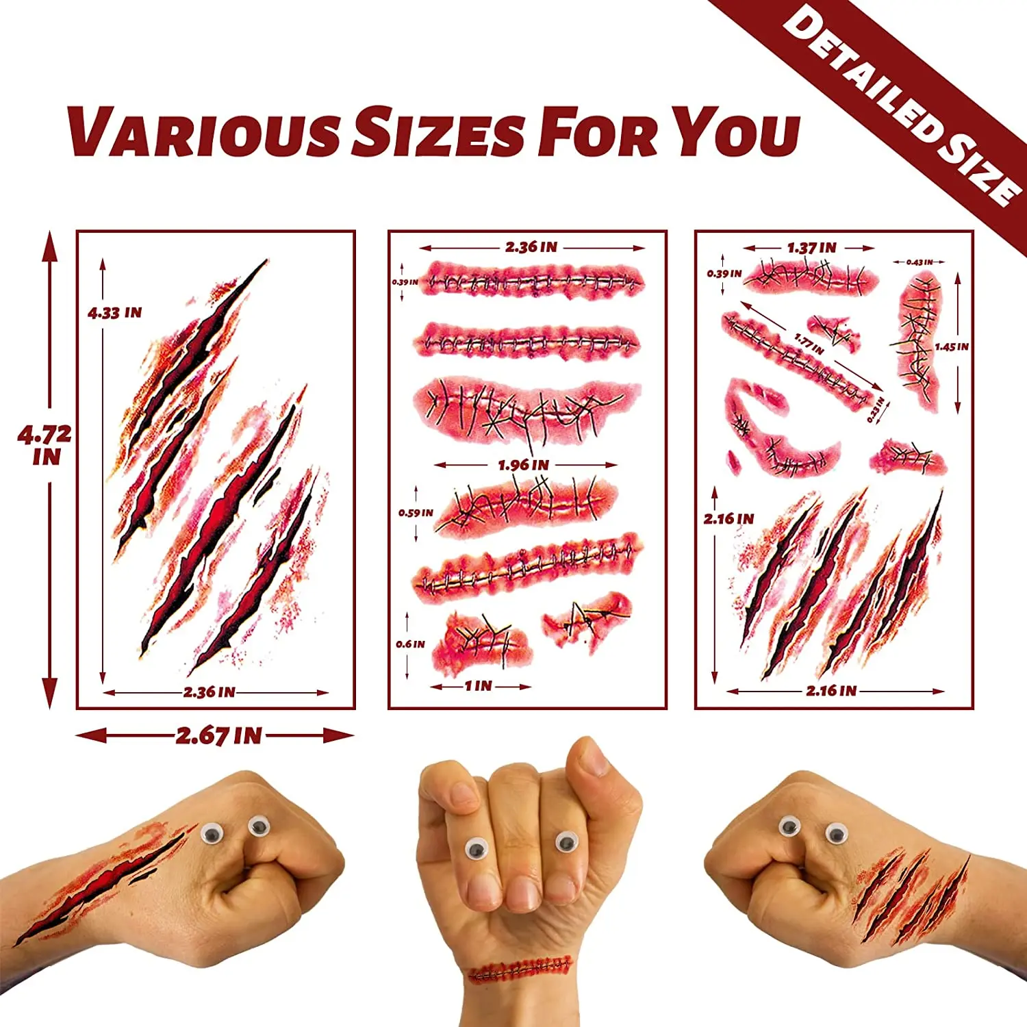 Stitched Wound Scary Scars Temporary Convenient Tattoo Sticker for Halloween Decor Decoration Makeup Waterproof Prank