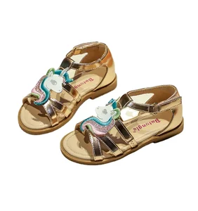 Fashion High End Designer Leather and Glitter Upper Children Summer Little Girls Flat Kids Sandals School Shoes