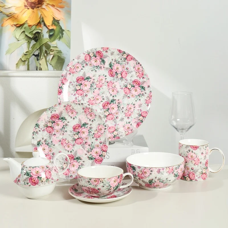 Wholesale Floral Decal Design Porcelain Dishes Serving Dinner Dinnerware Dish Plate Ceramic Complete Dinnerware Set