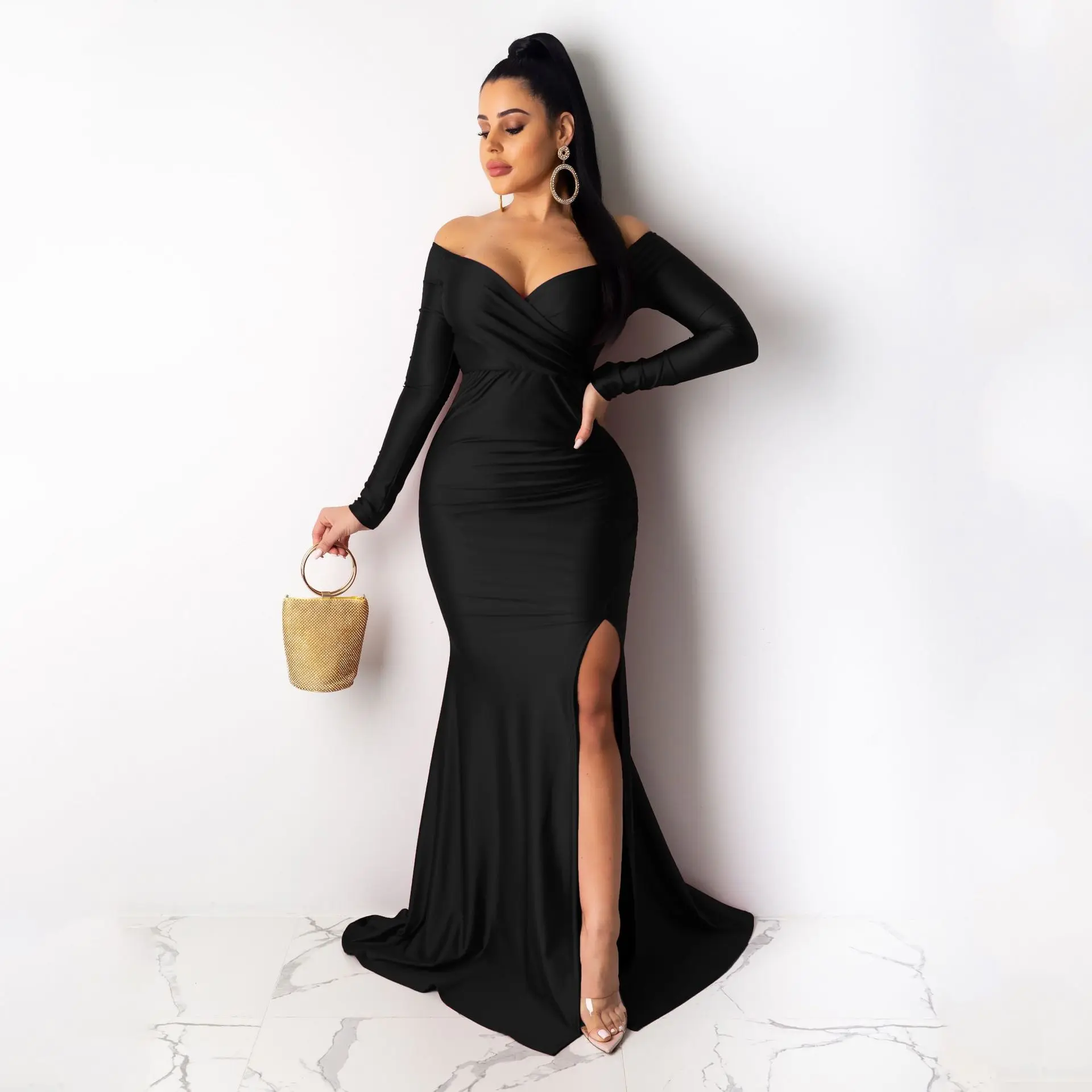 Off the Shoulders Long Sleeve Ladies Cocktail Evening Party Club Dresses High Split Brides Maid Party Dresses Women Long Wedding Off the Shoulders Long Sleeve Ladies Cocktail Evening Party Club Dresses High Split Brides Maid Party Dresses Women Long Wedding