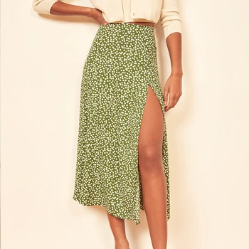 2022 New Fashion vintage skirt flower polka dot print high waist stretch split long A-line skirts for women beach maxi skirt