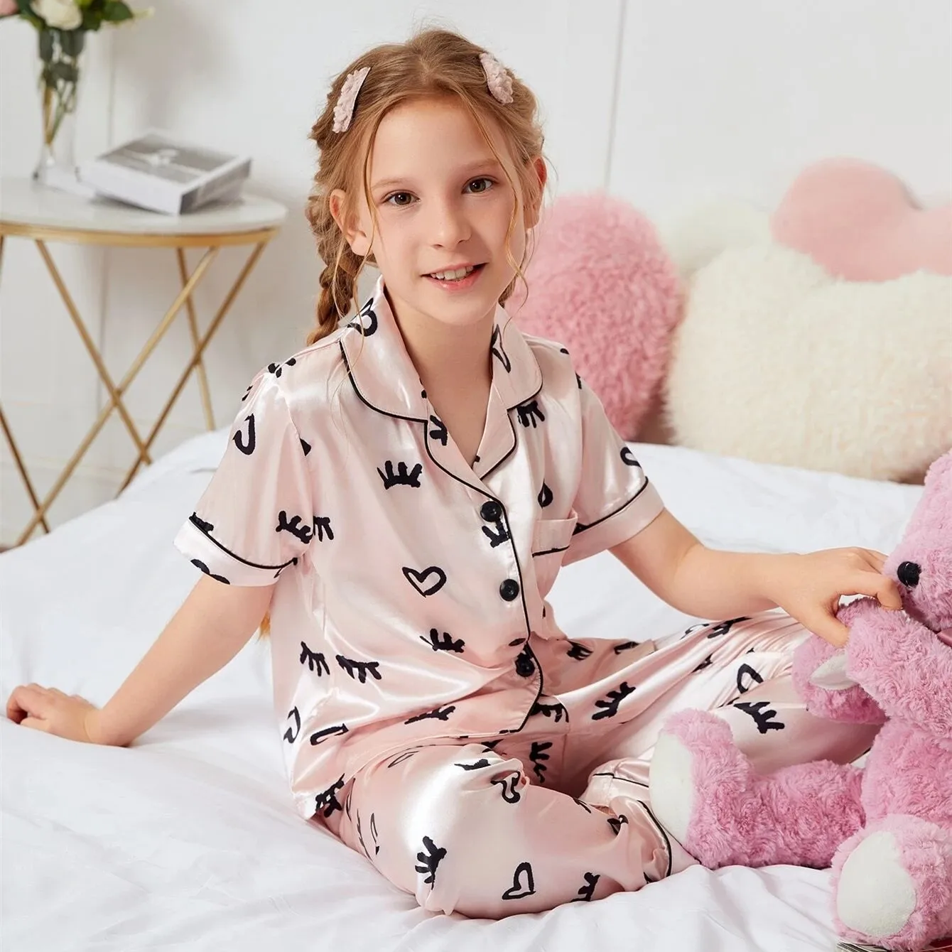 Satin Pyjamas Heart Pajamas Girls Girls Satin Pj Set Girls Pink