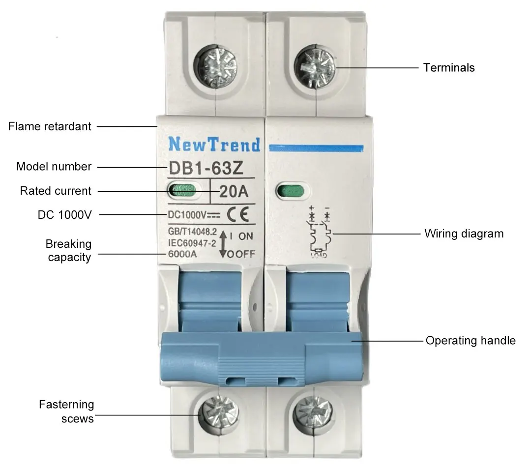 2P DC 1000V Solar MCB 1A 2A 3A 4A 6A 10A 16A 20A 25A 32A 40A 50A 63A 2 pole DC Circuit Breaker Solar