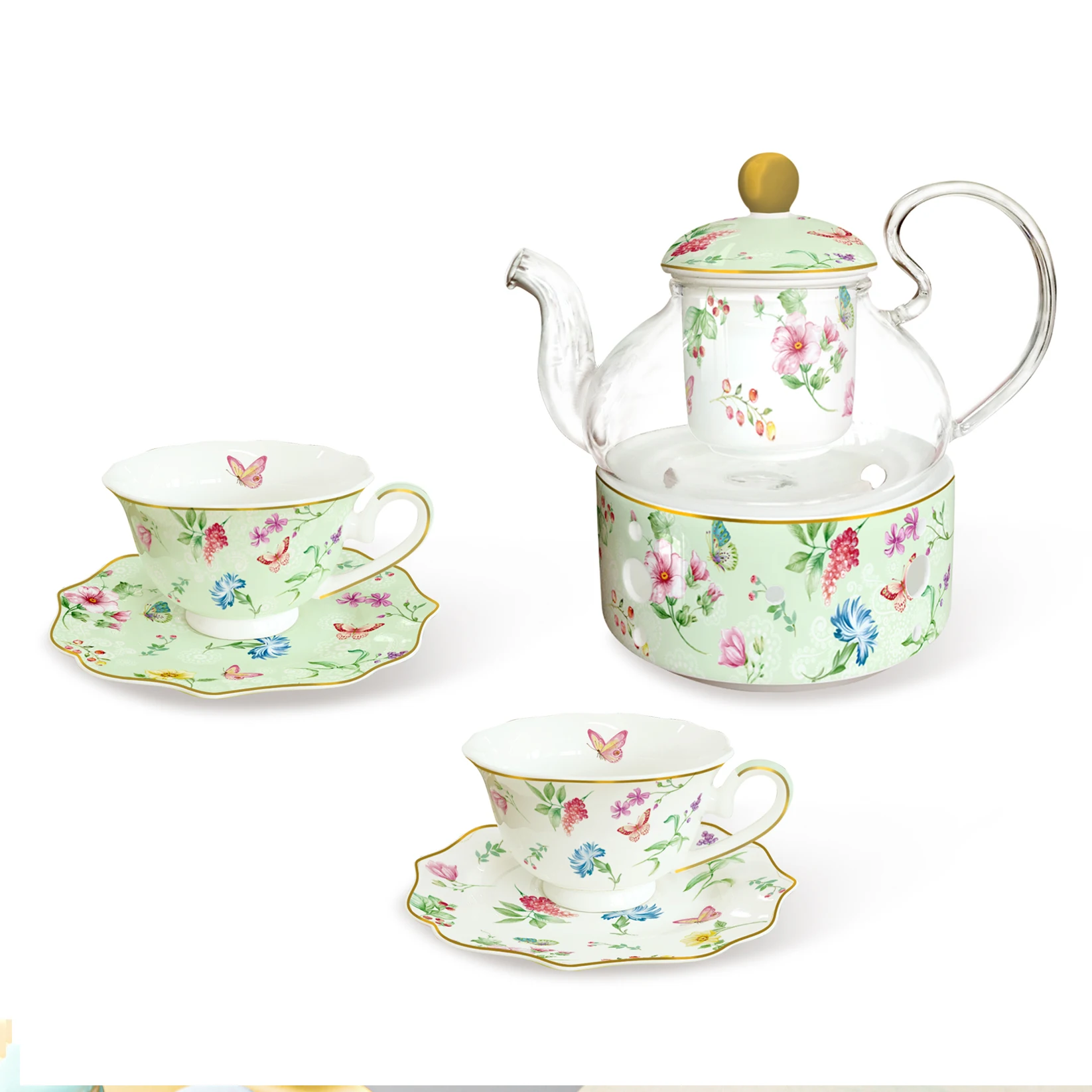 Classic Fashion Spring Series Glaze Gloss Porcelain Ceramic Fine Bone China Tea Cups and Warmer Tea Set