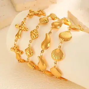 Hot Selling Girls Ocean Threaded Shell Water Droplet Heart Cross Bracelet Stainless Steel Pendant Stackable Bracelet