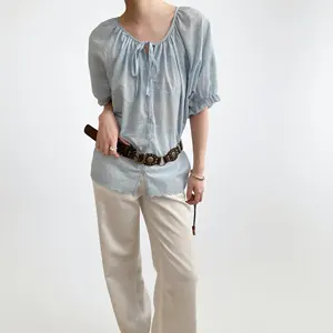 Custom Women's 100% Cotton Short Sleeve Blouse with Tie Front
