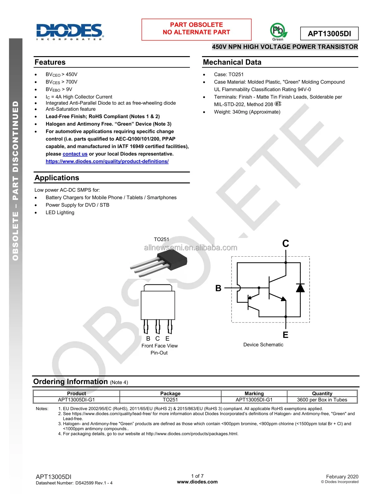 Hot sale Original APT13005DI-G1 Single Bipolar Transistor TRAN NPN 450V 4A Bipolar Transistor 4MHz 25 W Through Hole TO-251