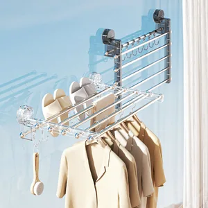 Metal Foldable Suction Cup Clothes and Shoes Drying Rack Wall-Mounted and No-Drill for Windows and Balconies