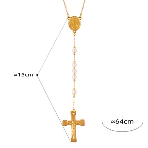 Fashion Jewelry Shell Pearl Metal Bead Mary Jesus Cross Pendant Stainless Steel Gold Plated Custom Rosary Necklace
