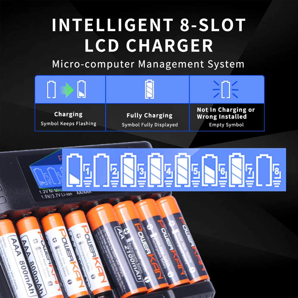 POWERKAN ALL8-B LCD 1.2v Ni-MH Battery Charger AA AAA1.5V Lithium Battery Charger Eight-slot Charger
