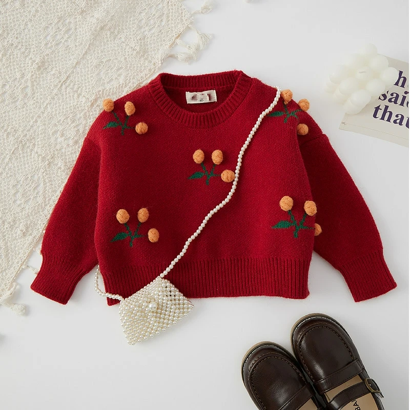 Girl cherry pullover sweater baby wear baby knit organic cotton