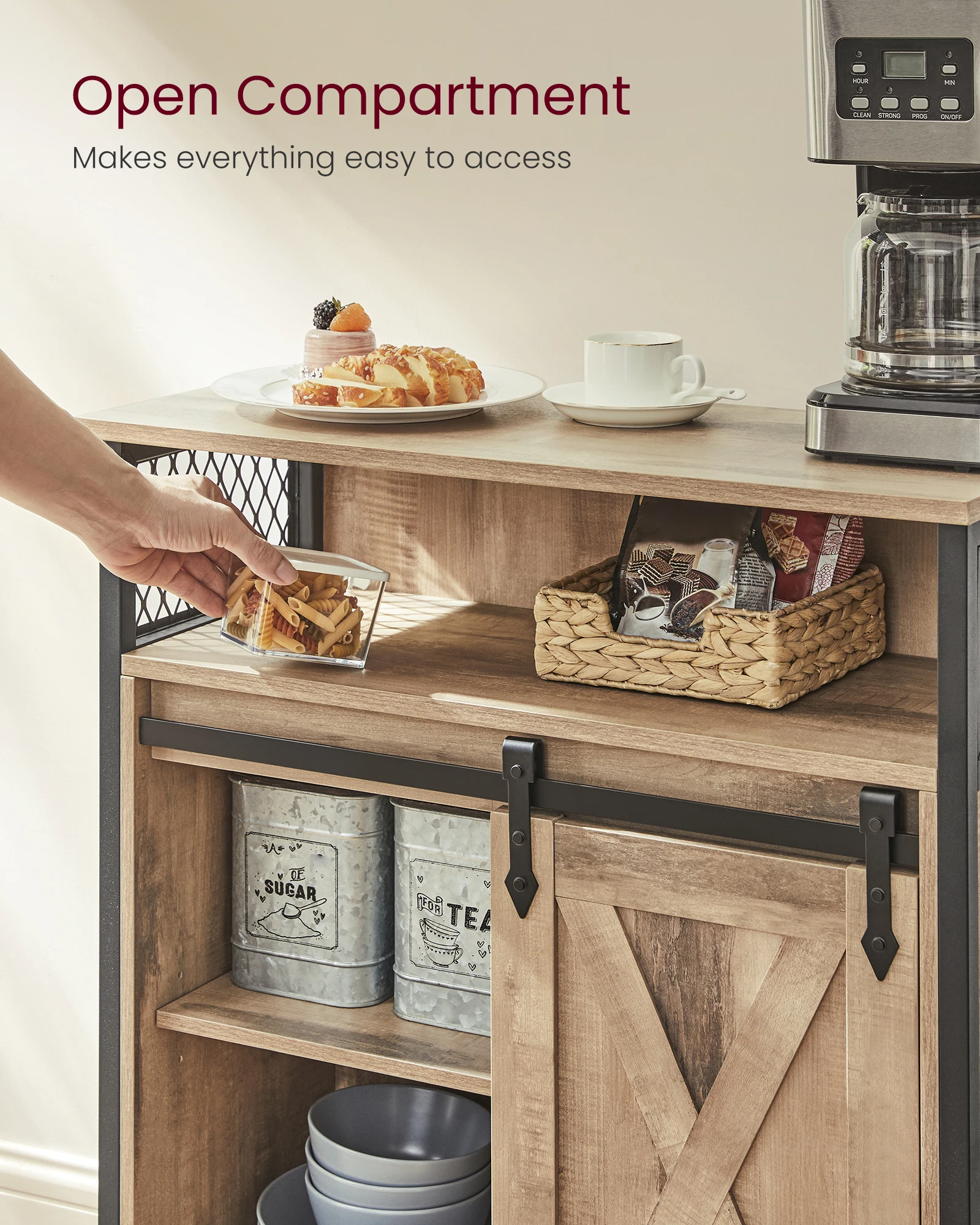 VASAGLE Kitchen Cupboard with Sliding Barn Door Multipurpose Sideboard Storage Cabinet with Adjustable Shelf