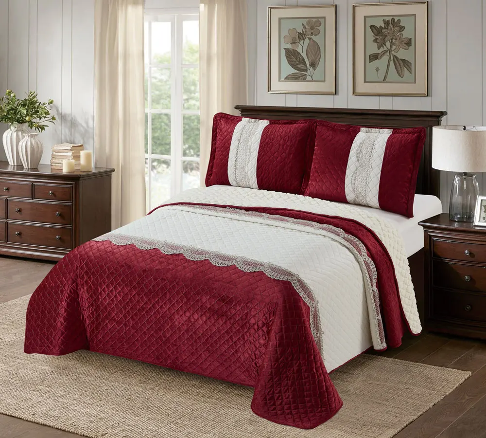 Velvet Patchwork Bedspreads 3 Piece Soft Polyester Crushed Velvet