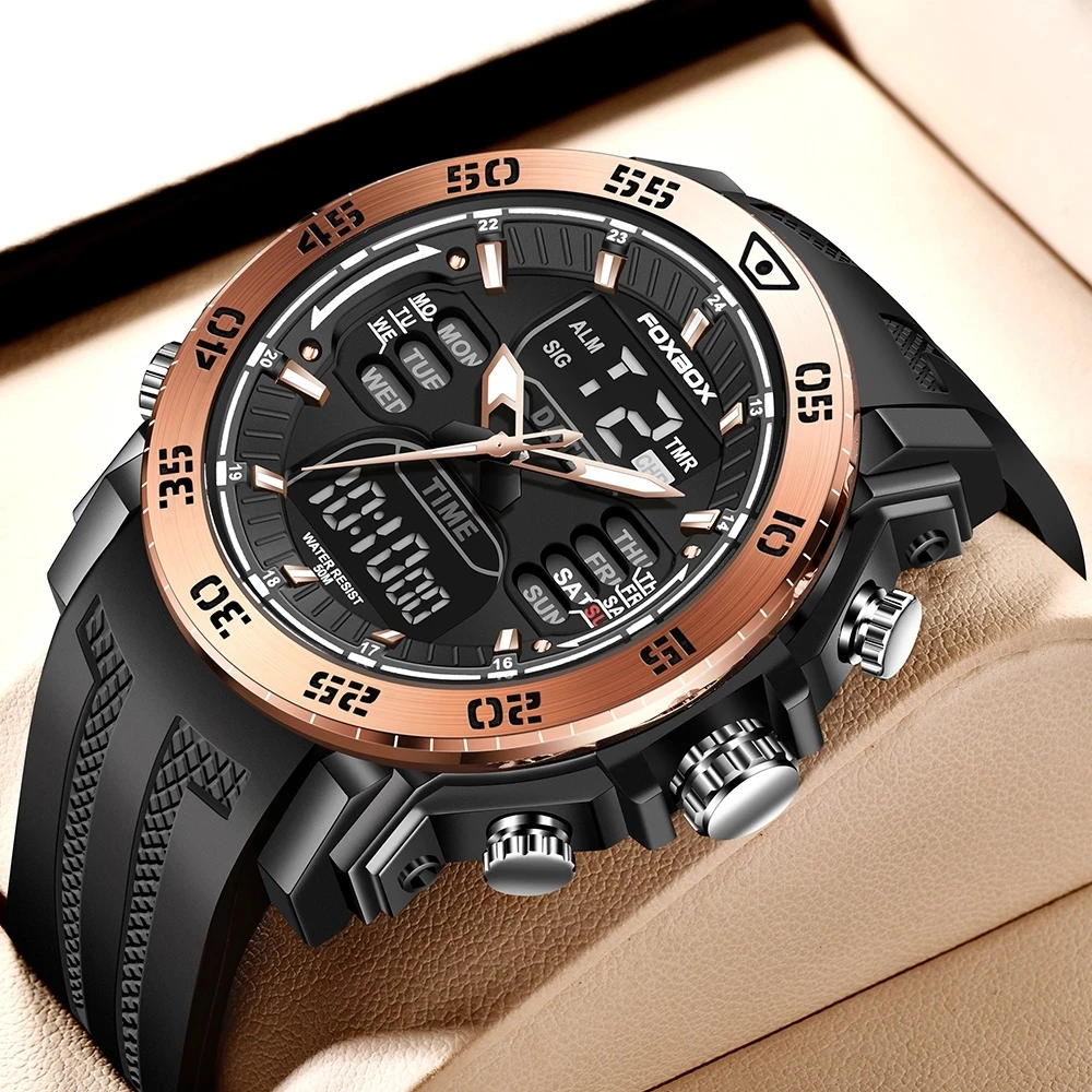 2022 LIGE Foxbox FB0021 Dual Display Sport Mens Watches Top Luxury Quartz Wristwatch for Men Waterproof Digital Clock