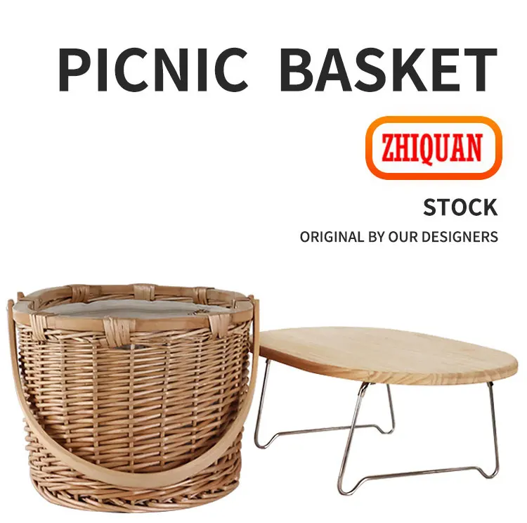Beach Wicker Rattan Willow Insulated Wooden Lid Wood Cover Picnic