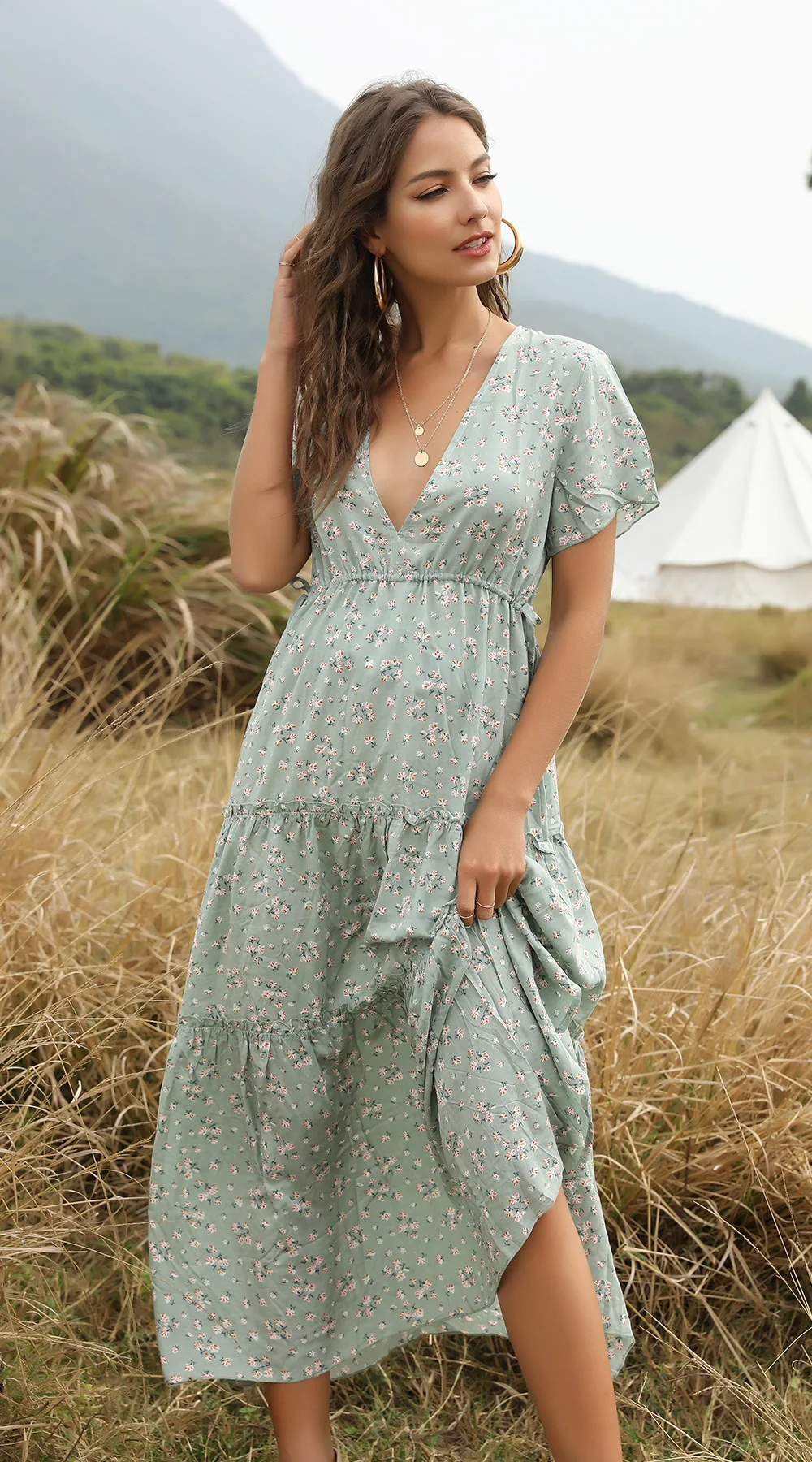 Ready to Ship New Style Short Sleeve V Neck Polyester Chiffon Printed Floral Maxi Dress 2021 Women Clothing