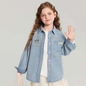 Girls Denim Shirt Loose Fit Embroidered Rabbit Pattern Bowknot Decor Cute Kids Outerwear Customizable