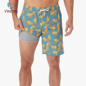 Private Logo Men'S Swim Trunks for Summer Swimming Custom Design 2 in 1 Quick Dry Beach Shorts With Pockets Beachwear