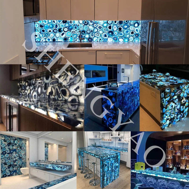 Natural Luxury LED Translucent Semi Precious Stone Backlit Blue Agate Bar Counter Top