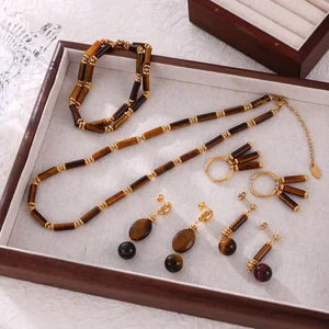 Maillard Style Retro Niche Temperament Elegant Jewelry tiger Eye Stone Bead Design Stainless Steel Necklace and Earrings Set