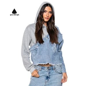 Custom Manufacturers Design Women Denim Pullover Tops Streetwear Hoodie Cotton Terry Washed Denim Patchwork Essentials Hoodie