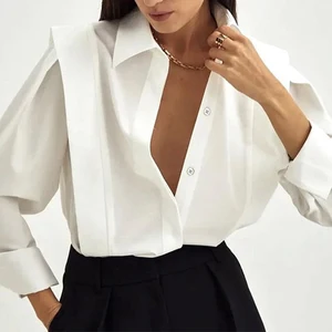 Custom High Quality Spring Summer Casual Blouses & Shirts Cotton Shirts Simple Elegant Long Sleeve Blouses Oversize Shirts