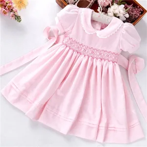 High Quality Peter Pan Collar Short Sleeve Lace Flower Handmade Smocked Dresses Kids Dresses for Girls From 2 to 12