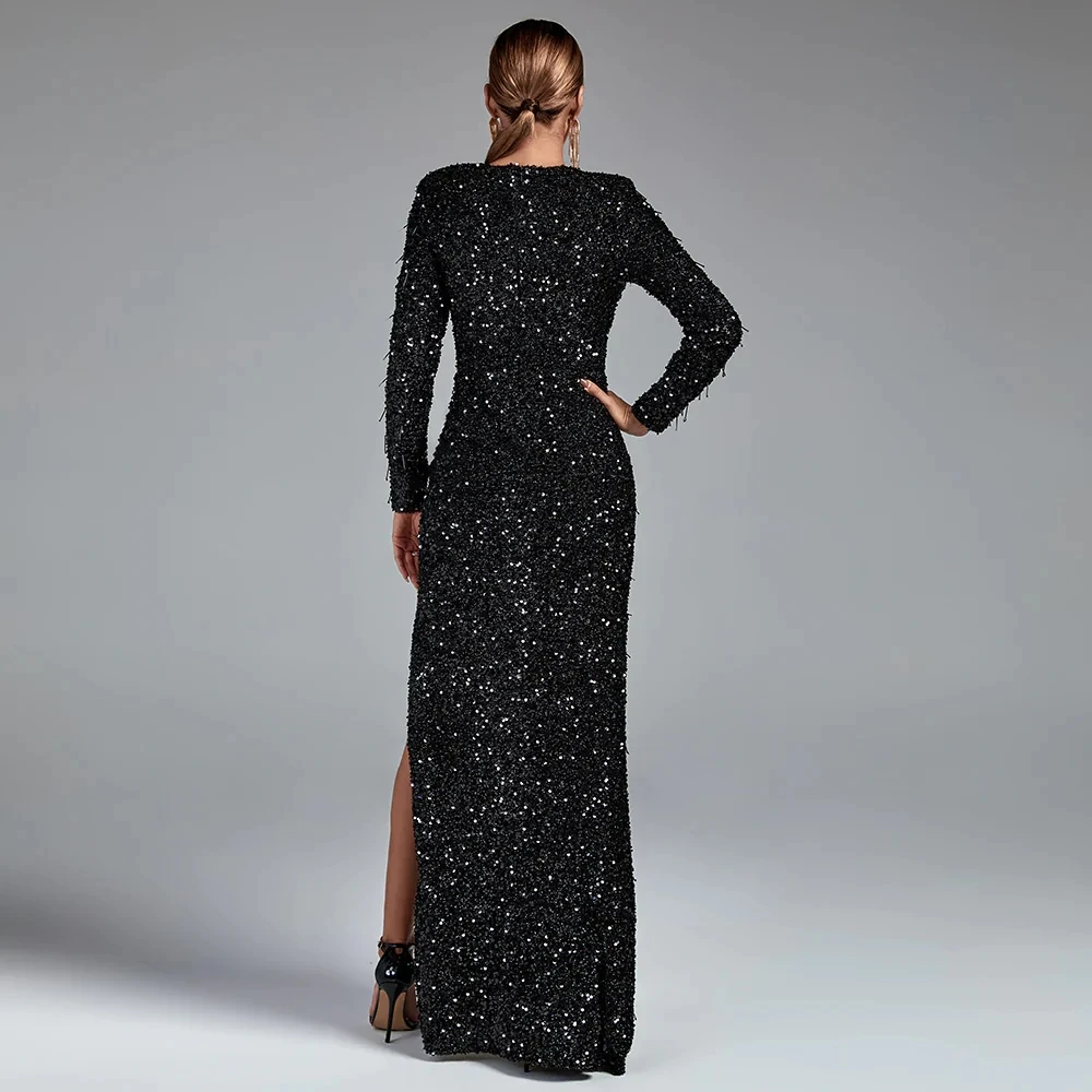 2022 Hot Style Long Sleeve Black Fall Dresses - Elegant & Sequined