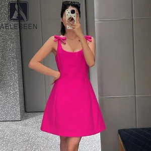AELESEEN Runway Fashion Mini Dress Women Summer Spaghetti Strap Bow Slim Fit Rose Red Casual Holiday Vacation Sweety Camisole