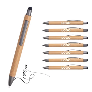 Promotional Cheap Eco-friendly Natural Recycled Click Bamboo Wood Ballpoint Pen With Top Stylus Custom Logo Printed Lasered