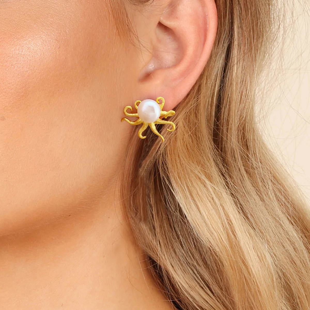 Lotus Fun Factory Price Pure 925 Sterling Silver 18k Gold Plated Octopus Ocean Elements Stud Earrings Fine Jewelry for Women
