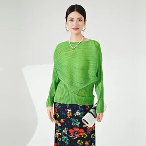 Miyake Women's High Quality Pleated Shirts Summer Casual Vintage Style Floral Print Stretch Irregular Loose Plus Size Tops