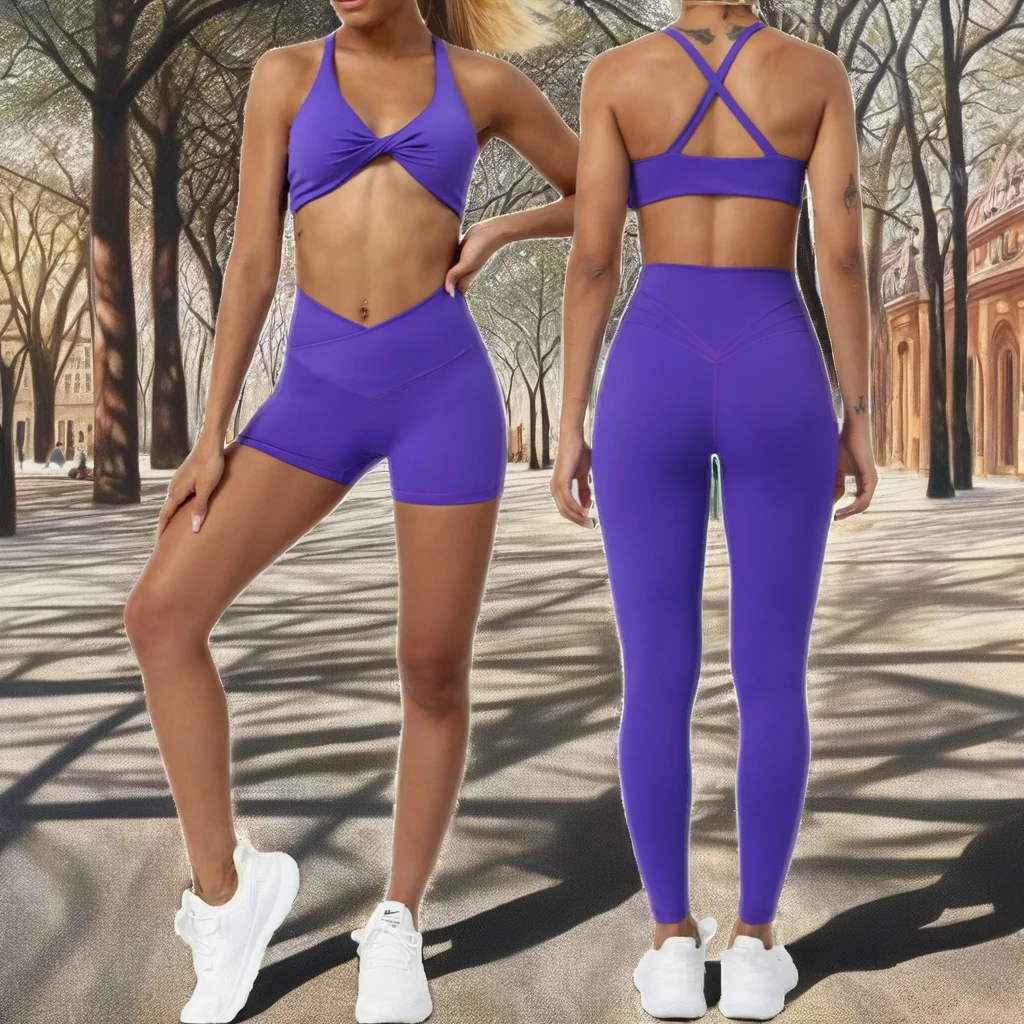 Women's Sexy Pilates Gym Wear Wintu Custom Logo Lightweight Solid Pattern  Front Twist Top & Pants 2 Piece Workout Yoga Suits