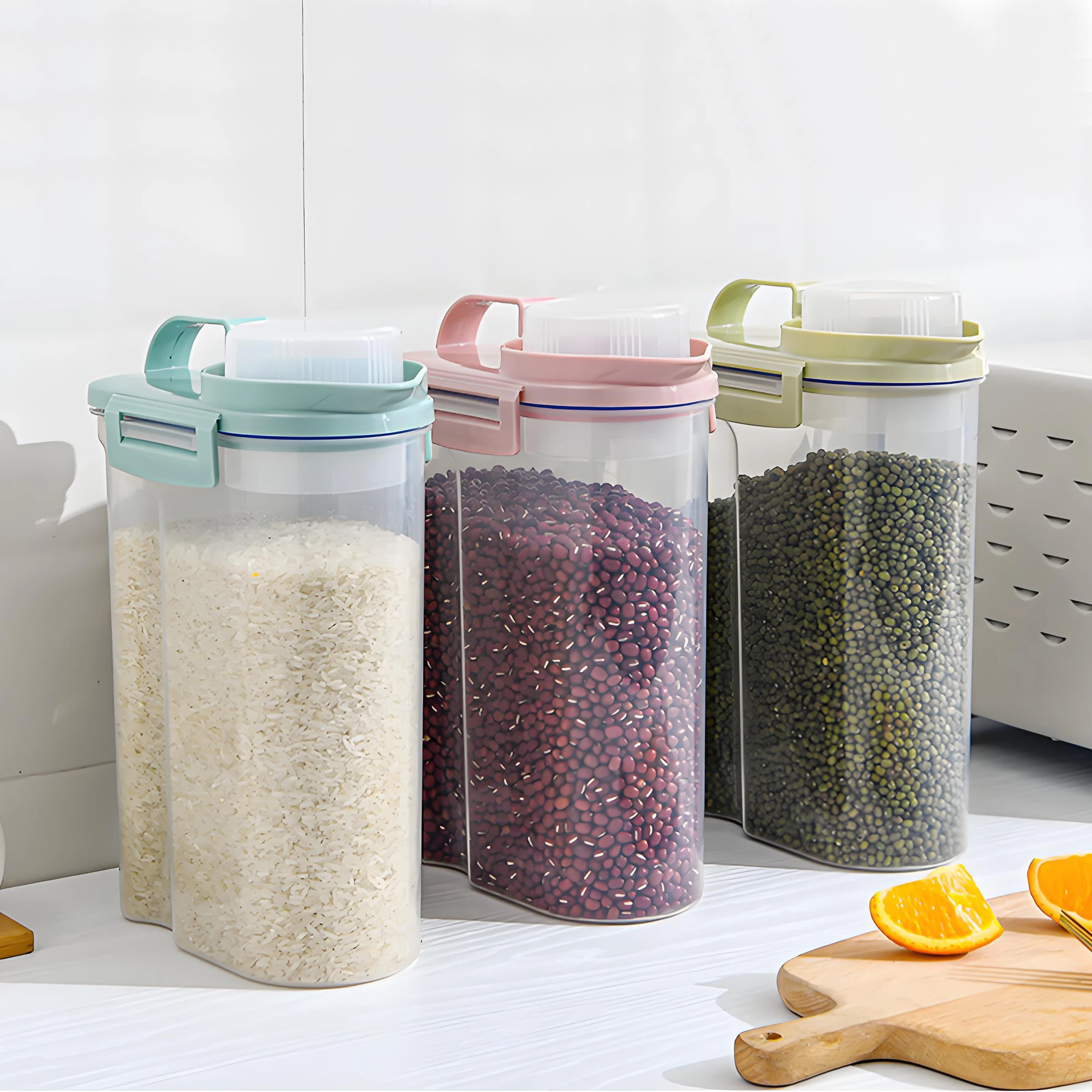 Recipiente Plástico Transparente para Armazenamento de Alimentos em Grãos com Anel de Vedação de Silicone para Armazenamento na Cozinha Arroz Cereais Grãos - Barril de Arroz