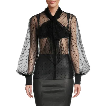Fashion Puff Sleeve Bow Blouse Chiffon Silk Blouses Women Black See Through Long Sleeve Shirt