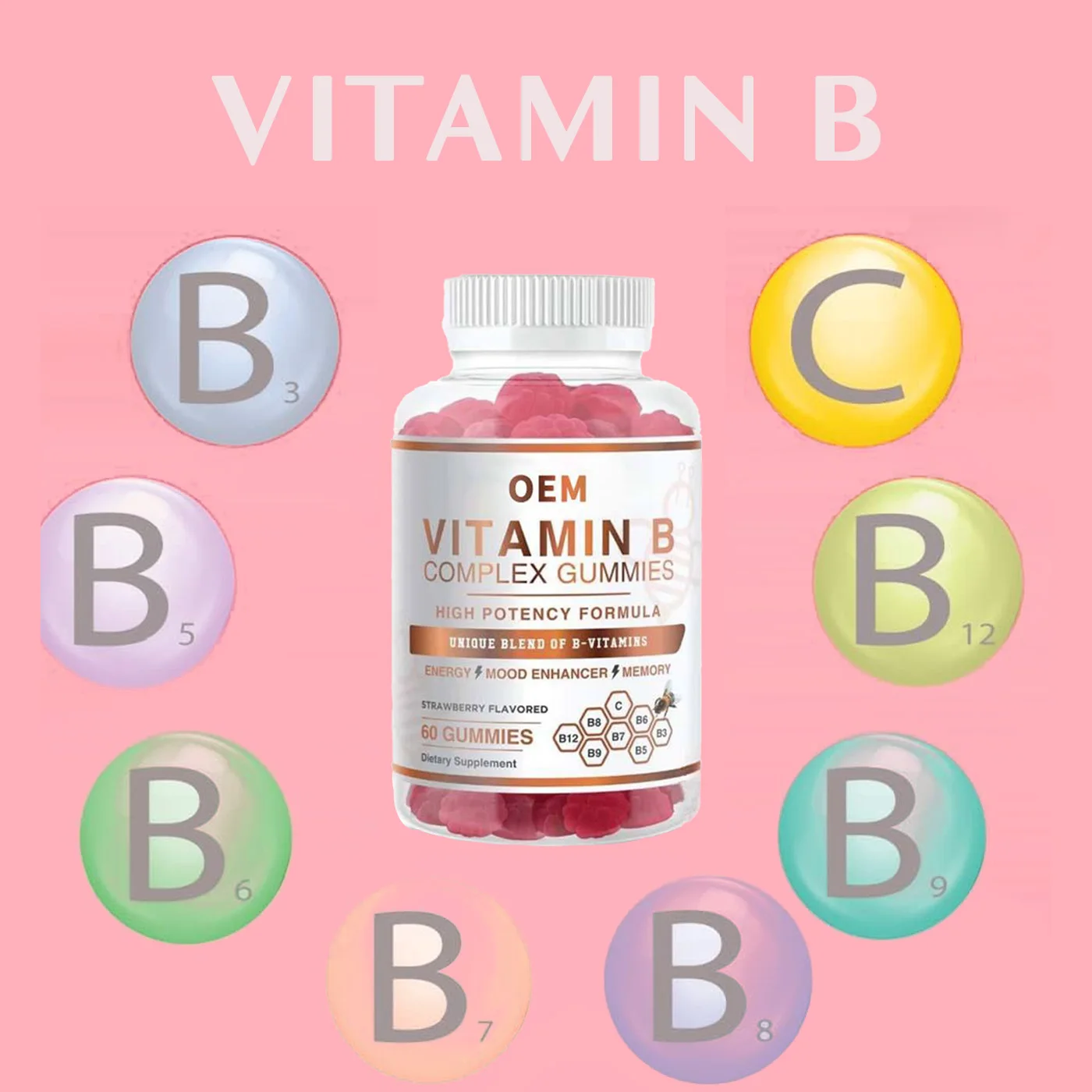 Private Label High Potency Formula Honey Bee Vitamin B Complex Gummies Vit B12 B3 B5 B6 B7 B8 B9 C Gummy Candy