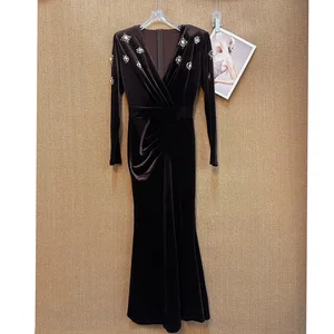 Factory Wholesale Autumn Winter Beaded Diamond Sexy Deep V-neck Long-sleeved Velvet Trumpet Dress European American Women Party