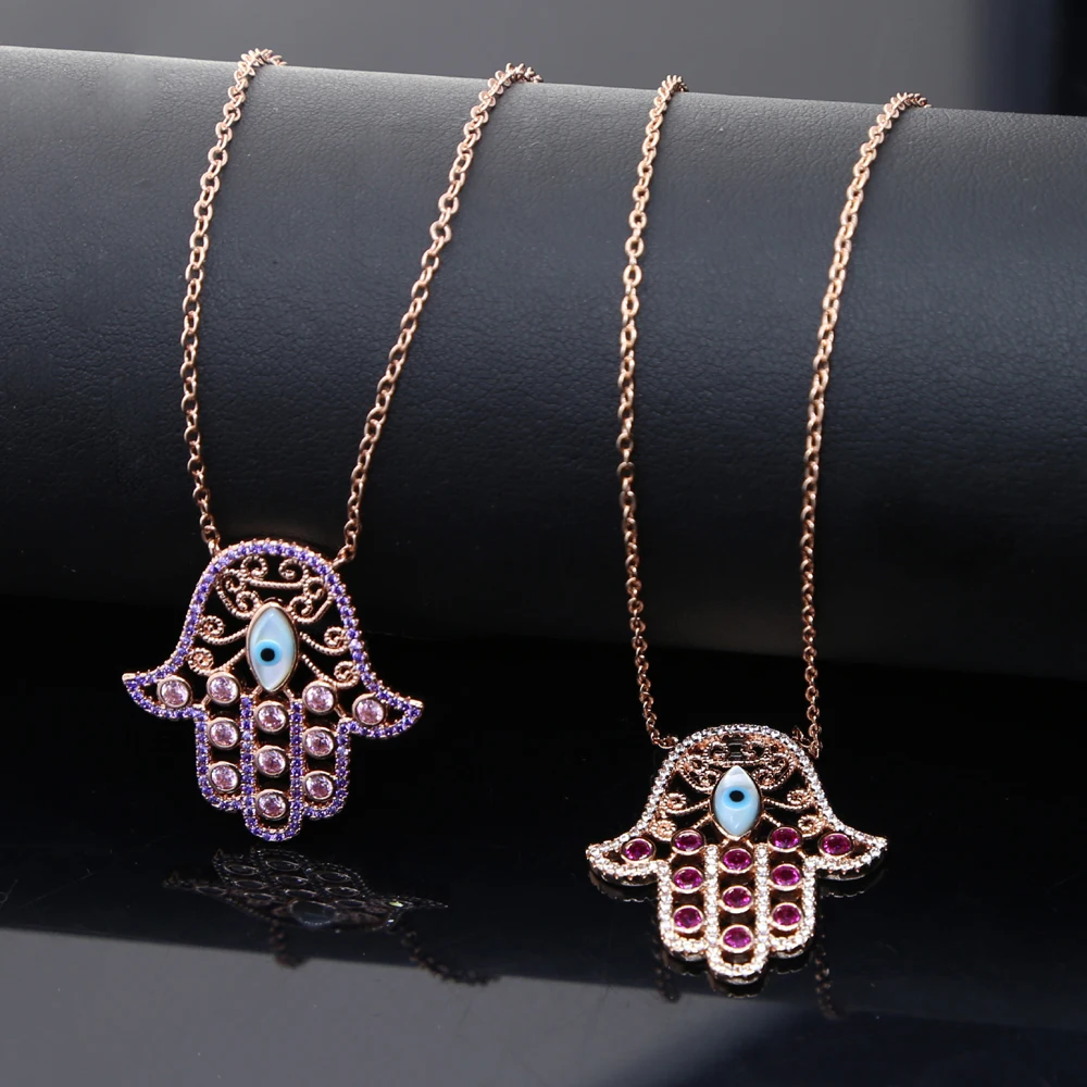 High Quality Stock Red clear Cubic Zircon Rose Gold Plated Turkish Jewelry Hamsa Hand Pendant Necklace